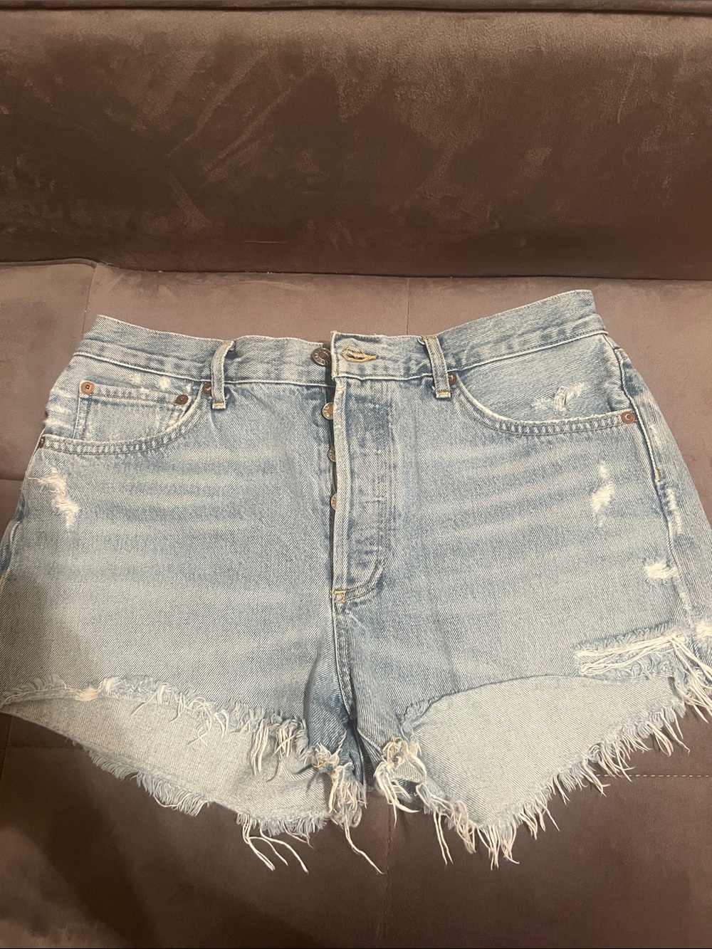 Agolde Light Wash Distressed High-Rise Denim Cutoff Shorts